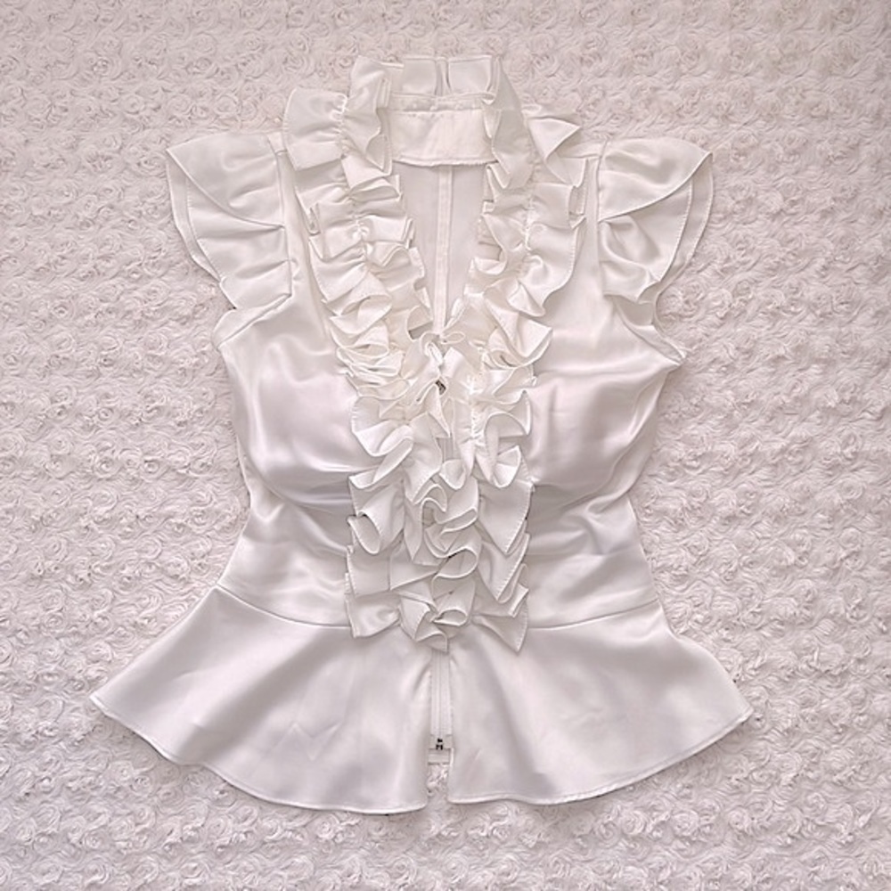 White Silky Blouse Ruffle Collar Zip-Up